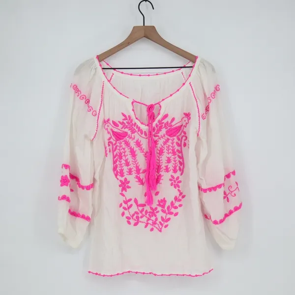 White Boho Embroidered Tassel Tie Neck Tunic Top Pink Birds - Image 2