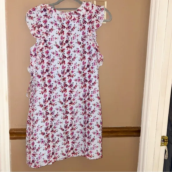 CLUB‎ MONACO Ruffle Silk floral shift Dress blue pink size 0 - Image 3