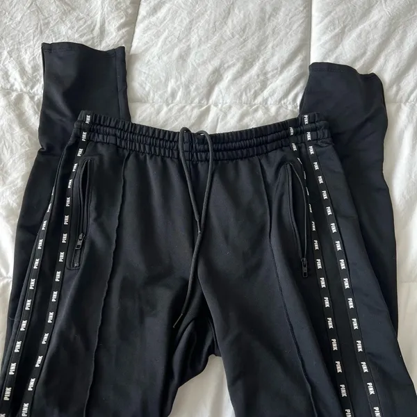 PINK Victoria's Secret Black Joggers with Logo Stripes - Image 2