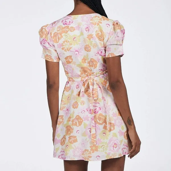 Charlie Holiday Calile Floral Wrap Mini Dress Linen Puff Sleeve Cottagecore - Image 5