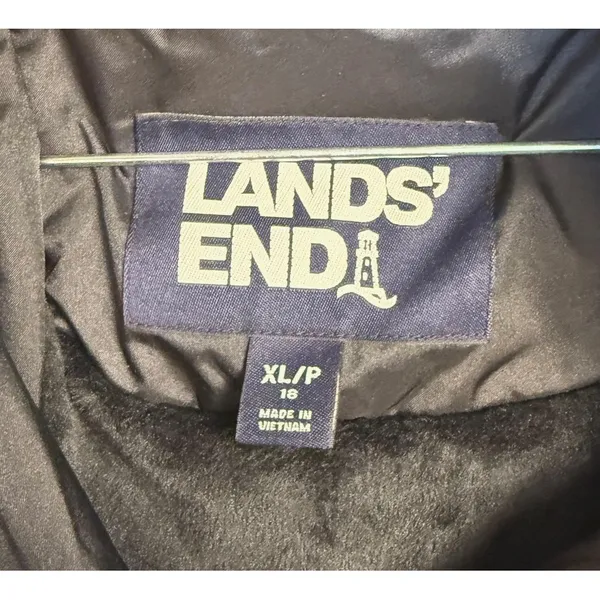 Lands‎ End Coat Womens 18 Black Puffer Hooded Fur Trim Insulated Mid Length - Image 3