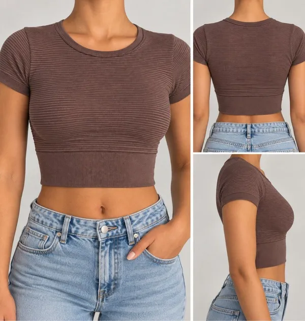 Aerie Offline XS Brown Ribbed Cropped T-Shirt Seamless Baby Tee - Image 2