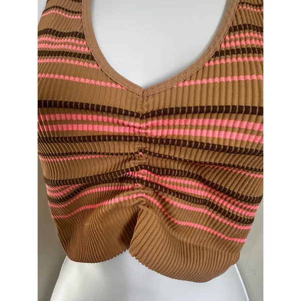 Aerie Brown Pink Striped Ribbed Ruched‎ Front Crop Tank Top XL Retro Y2K Indie - Image 3