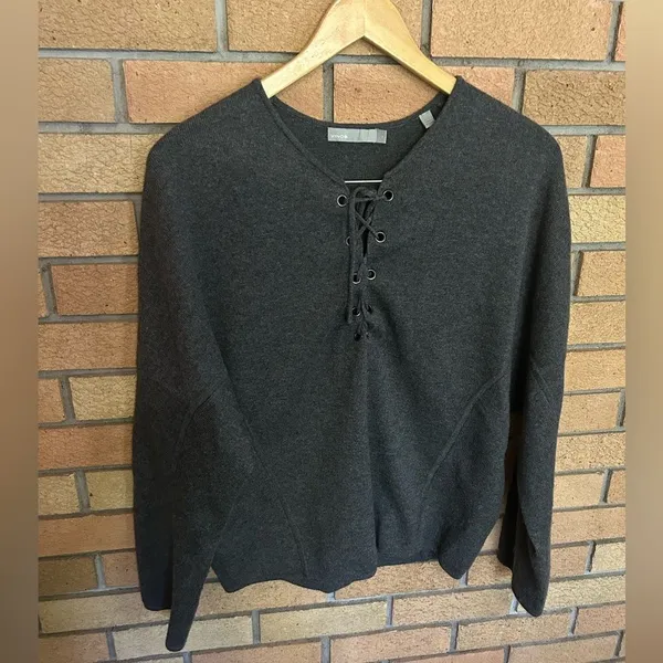 Vince Merino Wool Cashmere Blend Lace Up Sweater in Heather Graphite Gray Small - Image 2