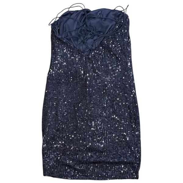 Misty Rose Sequin Mini Dress Womens Navy Blue Open Back Lace Up Sparkly Glam - Image 4