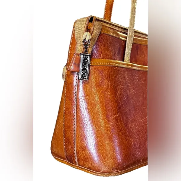 Brighton Shoulder Handbag Vintage Russet Brown Leather Croc Trim Purse Old Money - Image 9