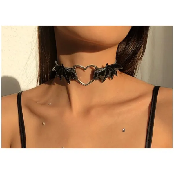 Goth Black Faux Leather Silver Heart Choker-OS - Image 2