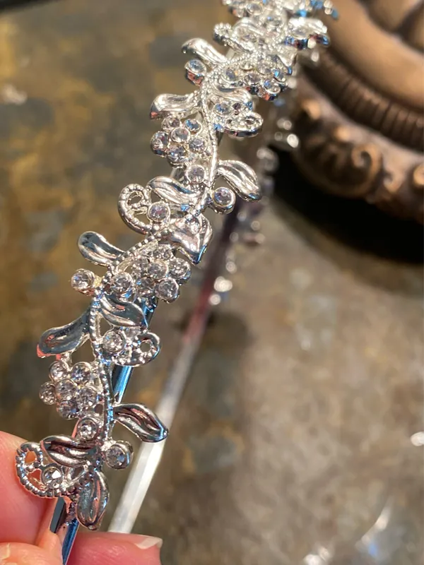 Silver metal headband with flowers and rhinestones on a vine - Image 8