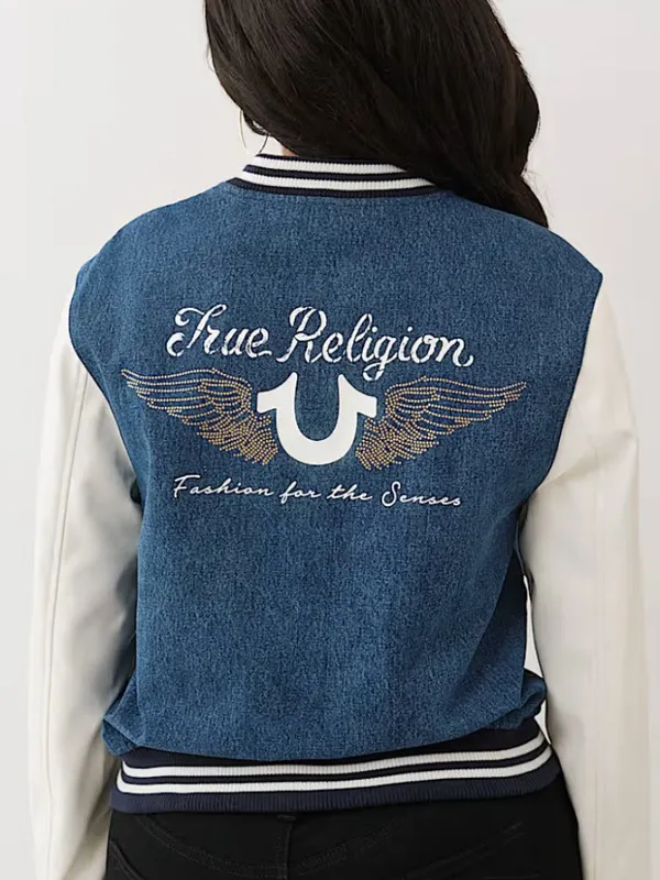 NWT True Religion $239 crystal wing denim varsity jacket Large Blue White Small - Image 3