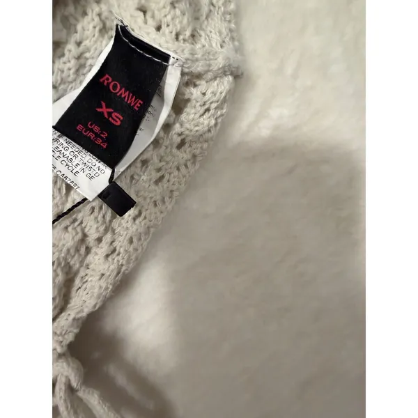 Romwe Crochet Halter Top Cream Boho Knit Lace Up Back Crop Top XS‎ - Image 3