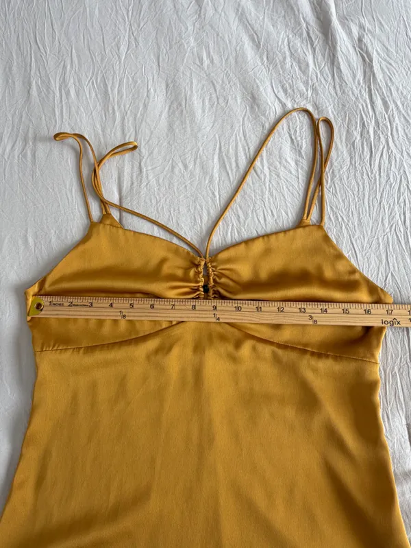 Zara Mustard Satin Midi Slip Dress‎ with Ruched Front Size Large - Image 5