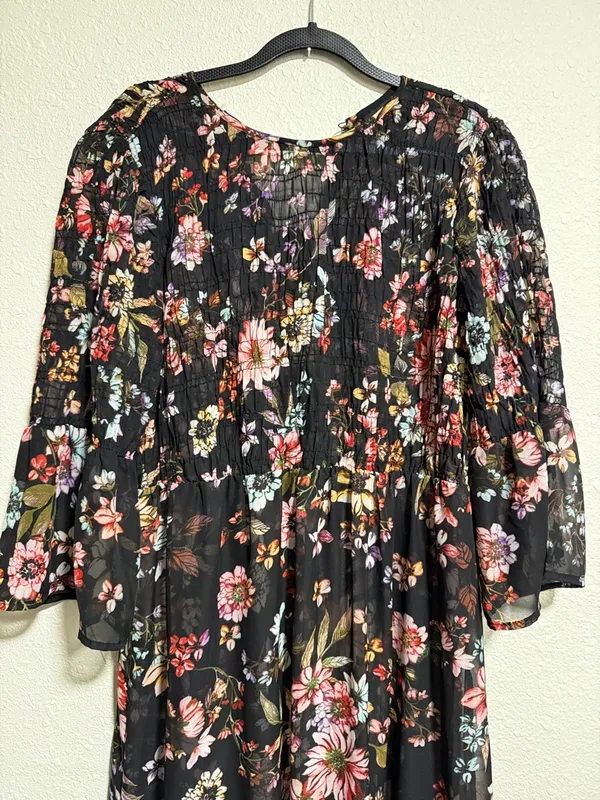 ECI New York Womens Black Floral Smocked Bell Sleeve Maxi Dress Size‎ S - Image 3