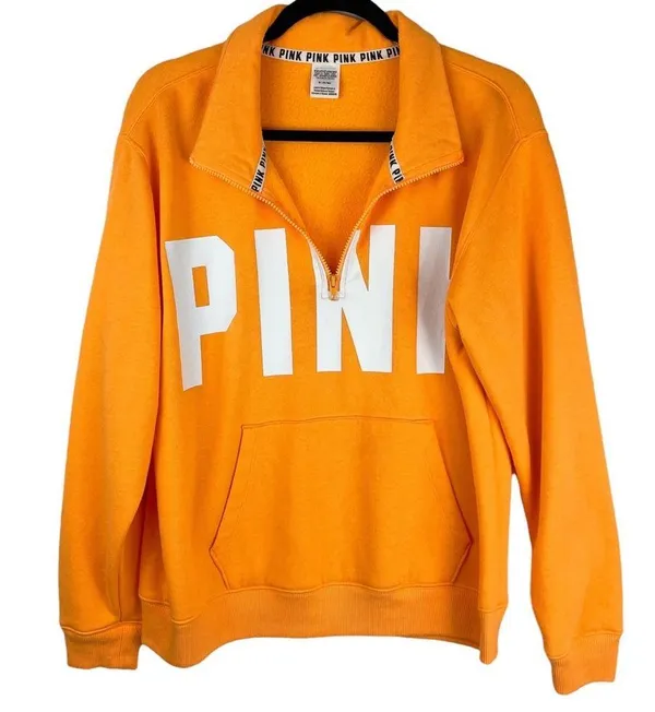 PINK Victoria’s Secret Orange Spellout Quarter Zip Sweatshirt Sz Medium - Image 2
