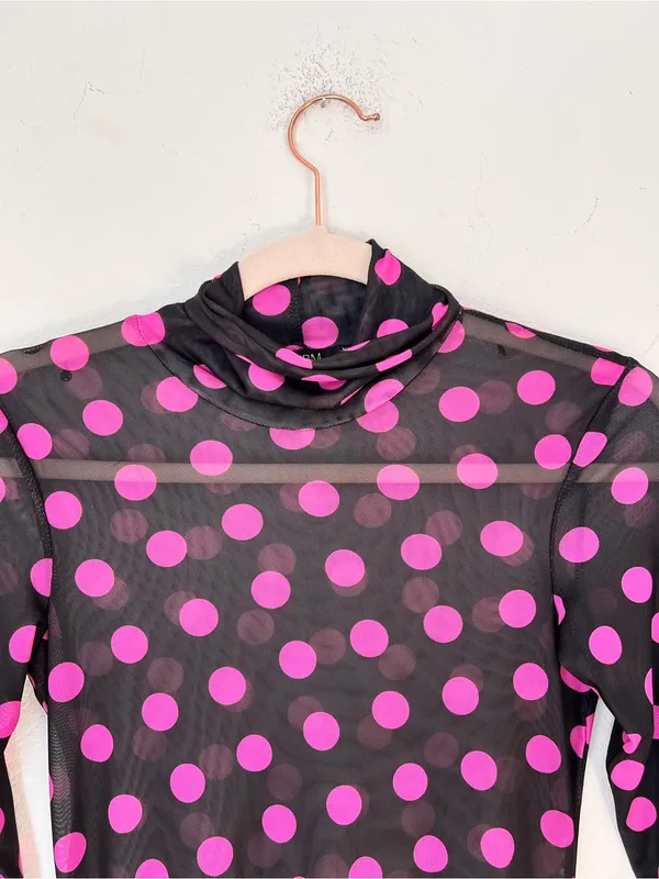Anthropologie AFRM Black Purple Polka Dot Mesh Midi Dress Women's XS Mock Neck - Image 3