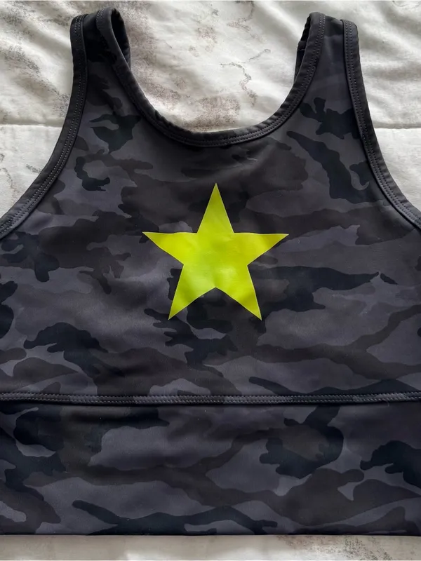 Strut dark grey Camo Sports Bra Top with Yellow Star, size XS athletic workout - Image 9