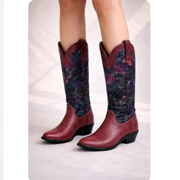Vintage 90s Capezio Red Leather & Tapestry Western Boots Rare Pair - Image 2