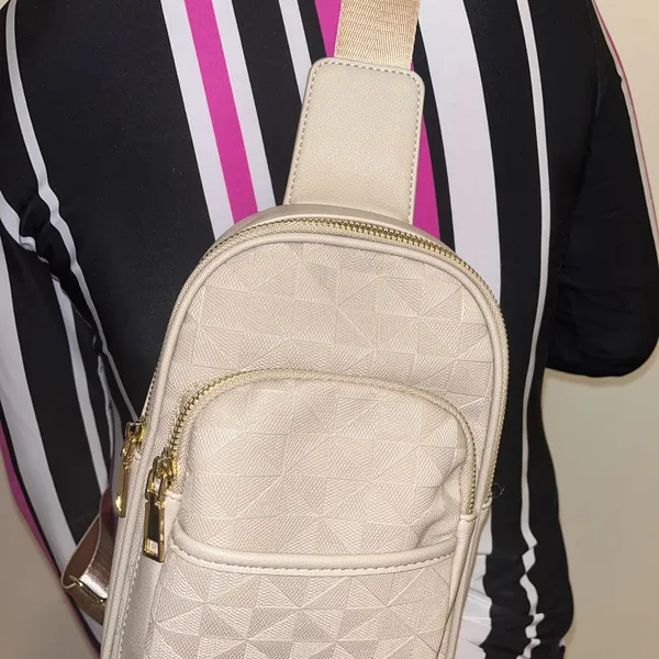 Leathered Cream Sling Crossbody Bag with Gold Accents - Image 2
