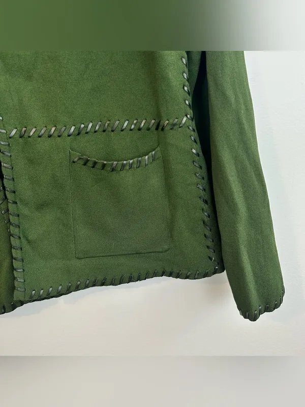 Grace Dane Lewis Green Knit Cardigan w/ Faux Black Leather Trim Frankenstein S - Image 7