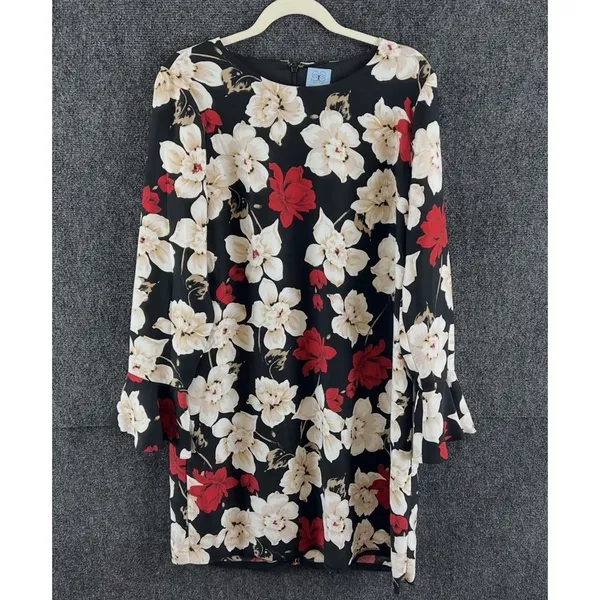 CeCe Womens Floral Mini Dress Size 12 Black Beige Red Long Bell Sleeve Lined - Image 2
