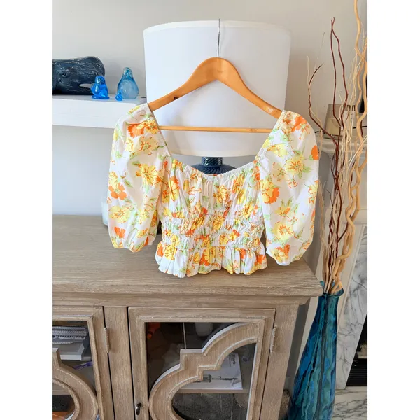 Faithfull‎ The Brand Floral Smocked Puff Sleeve Top Womens Yellow Orange Size S - Image 2