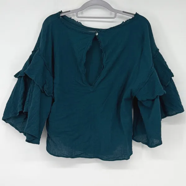 Free People Teal Cotton Gauze Ruffle Bell Sleeve Blouse Small‎ Peasant Boho - Image 2