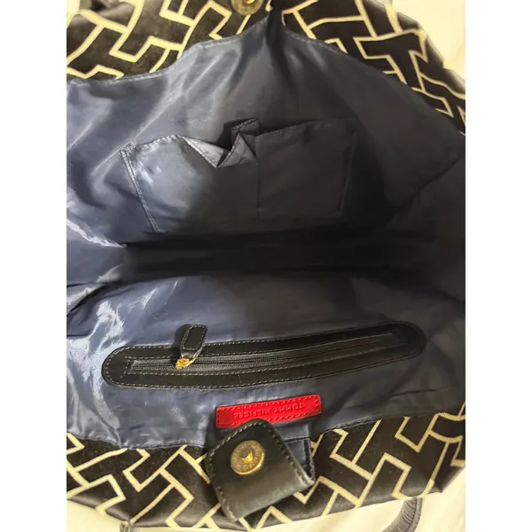 Tommy Hilfiger Monogram Tote Bag Black White Geometric Stripe Gold Buckle Charm - Image 7
