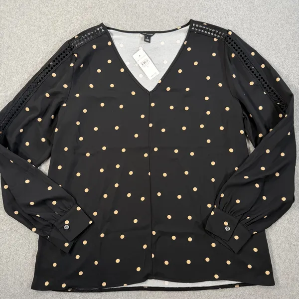 Ann Taylor Women's Medium Black Beige Polka Dot V-Neck Blouse Top Lace Trim New - Image 4