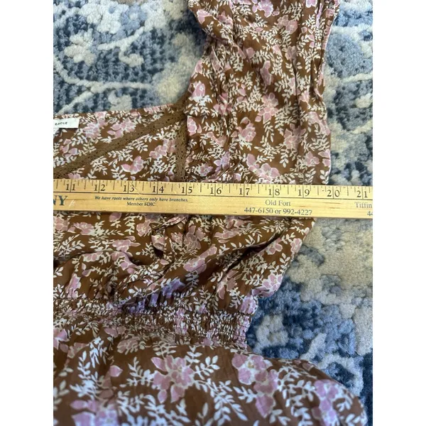 American Eagle Brown/Pink Floral Ruffled Sleeve Tiered Mini Dress V-neck Large - Image 5