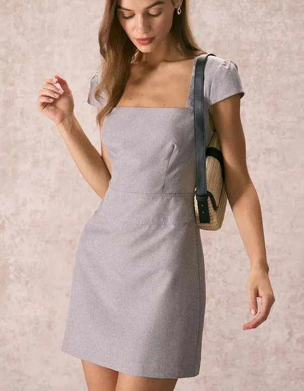 RIHOAS The Grey Square Neck Cap Sleeve Mini Dress M 47 - Image 5