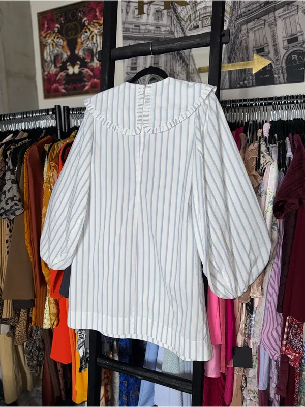 Ganni Blue White Stripe Balloon Sleeve Mini Dress Peter Pan Collar EU 38 US 6 - Image 12