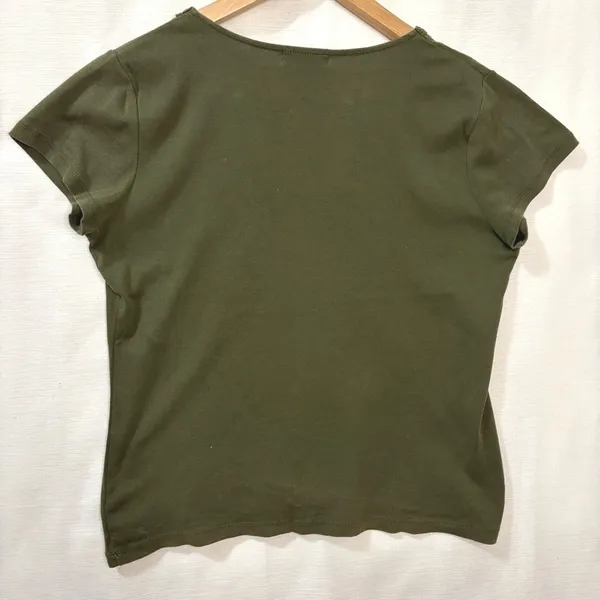 Chaps Denim Top Women XL Olive Green Crochet‎ Lace Split Neck Cotton Boho Casual - Image 5
