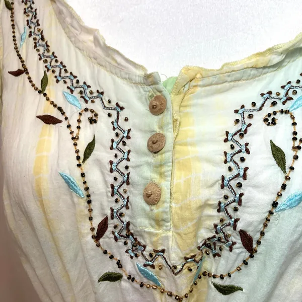 Vintage Y2K Tokyo Denim Yellow Silk Hippie Embroider Bead Tank Blouse Top Medium - Image 3