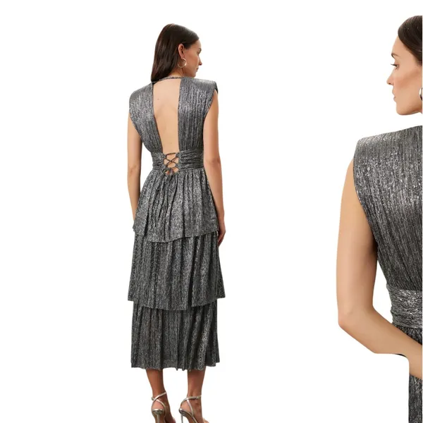 Sabina Musayev Bonita Dress Metallic Tiered Midi Plunge Sleeveless‎ Size XS - Image 8