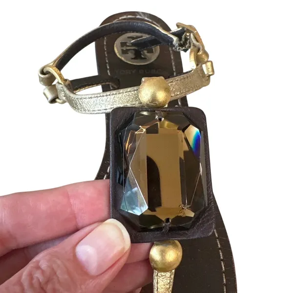 Tory Burch‎ Jeweled Stone Thong Sandals Gold Brown T-Strap 6.5 - Image 10