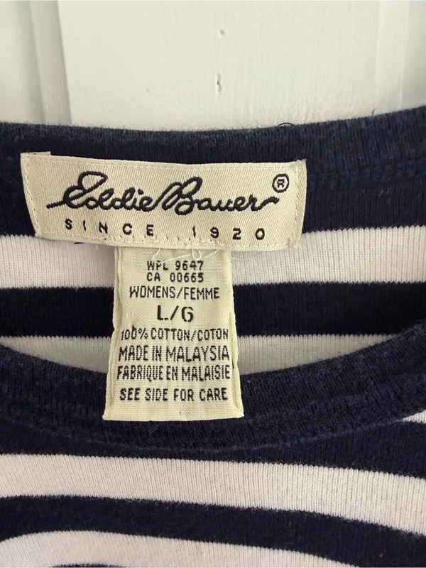 Vintage 90s Eddie Bauer Striped T Shirt Men’s L Navy White Cotton - Image 3