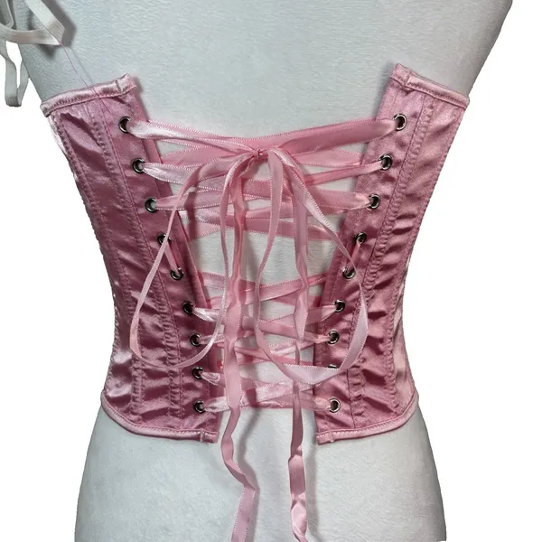 Corset Top Pink Satin‎ Lace Up G-String Set New Burlesque Lingerie Coquette S - Image 3