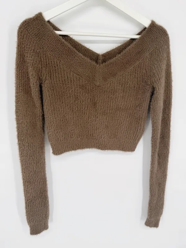 American Eagle Fuzzy Off-Shoulder Sweater Brown Small - Image 2