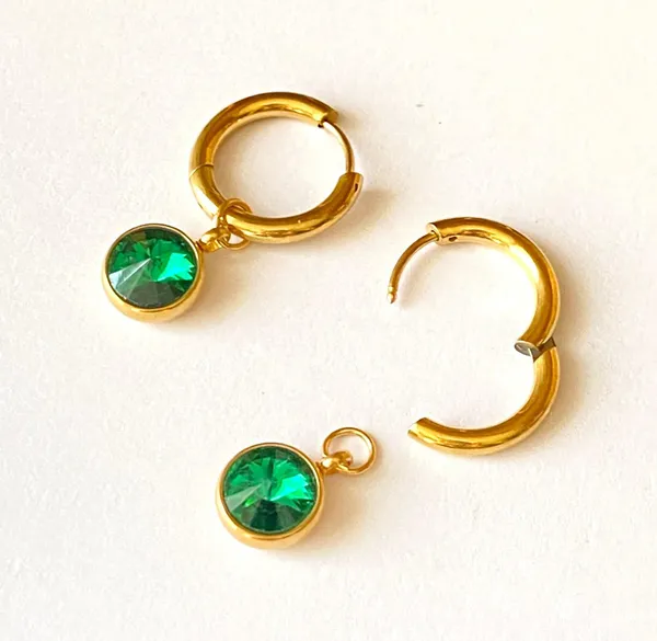 Handmade gold tone stainless steel green simple minimalist hoop earrings💚 - Image 6