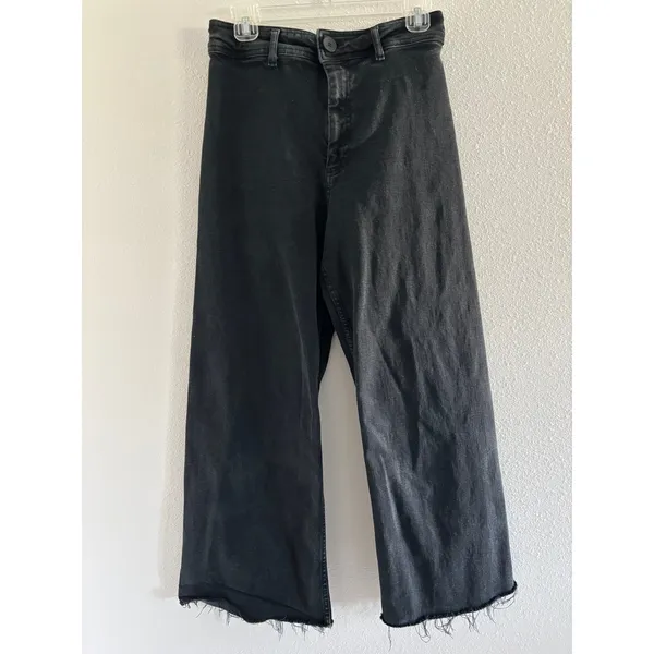 Zara The Marine Straight Leg Jeans Womens 8 Black Wash Denim High‎ Rise Raw Hem - Image 2