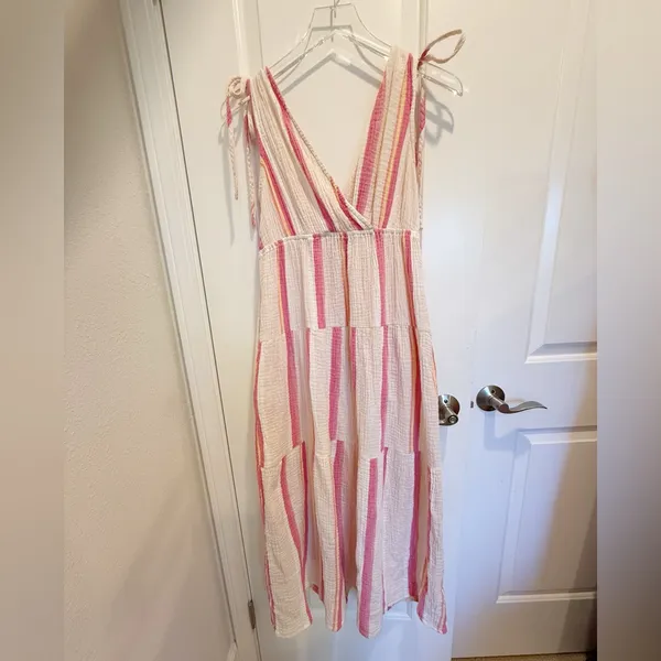 MARINE LAYER Tiered V-neck‎ Stripe Maxi Dress Gauzy Airy size Small Pink - Image 3