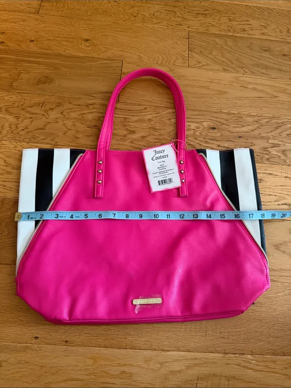 NWT - Juicy Couture - Hot Pink Tote with Black and White Stripe Sides - Image 7