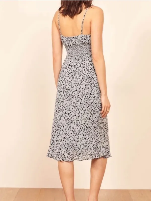 Reformation Genie Midi Dress In Lynx Leopard Print Gray Size 0 Smocked Waist - Image 3