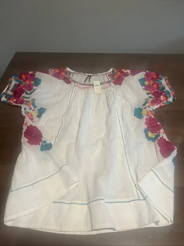 Anthropologie White Peasant Blouse with Pink Teal Yellow Floral Embroidery S NWT - Image 3