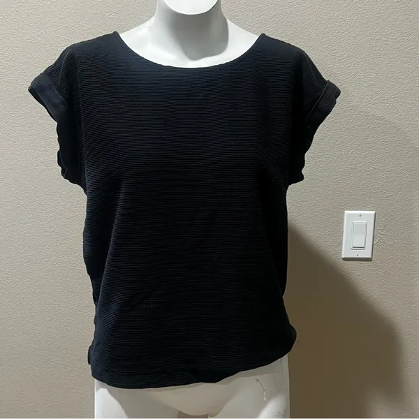 Loft black ribbed  button short sleeve knit blouse - Image 2