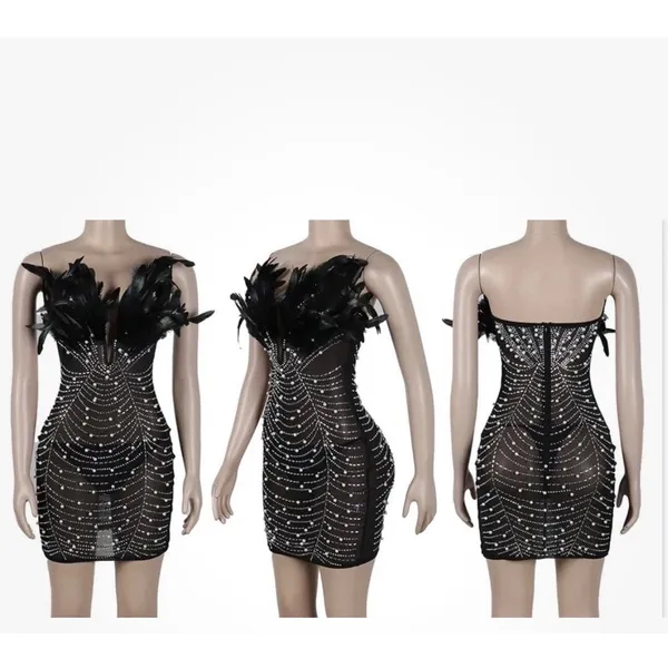 Beaded Pearl Sheer Feather Bust Dress Size Small Stretchy Bodycon Night Out - Image 2