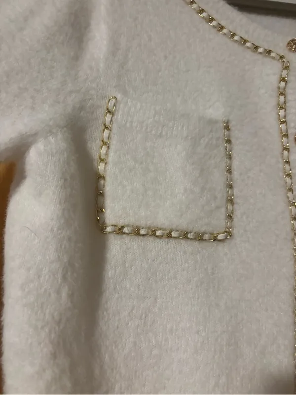 Nanette Lepore Cream Fuzzy Cardigan Sweater Gold Chain Trim‎ Tweed Vibez XL⁠ - Image 2