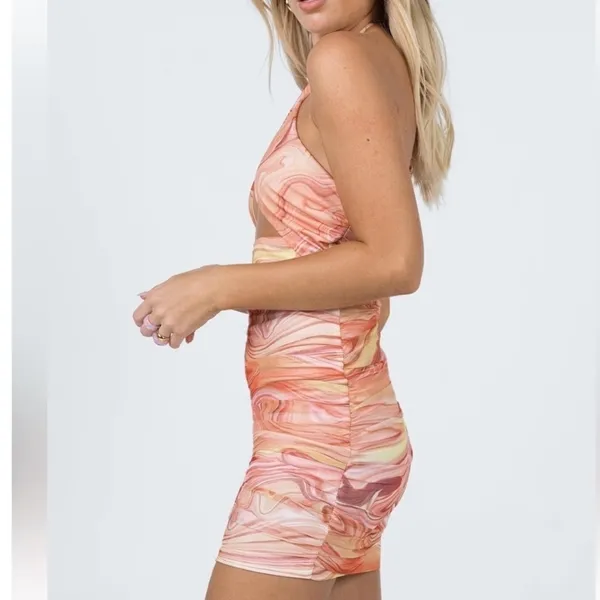 Princess Polly | NEW Orange Pink Marble Mesh Ruched Christoph Mini‎ Dress, 0 - Image 2