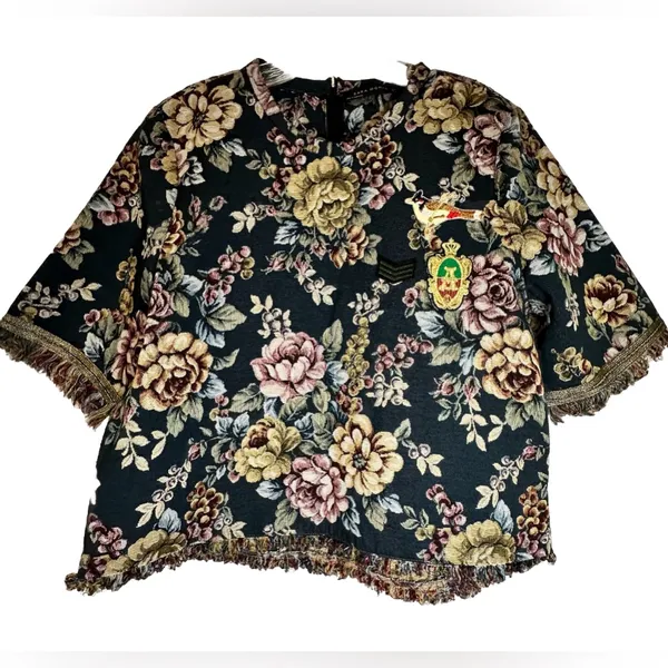 Zara Jacquard Top Women's Size‎ M Floral Tapestry Frayed Fringed Short Sleeve - Image 2