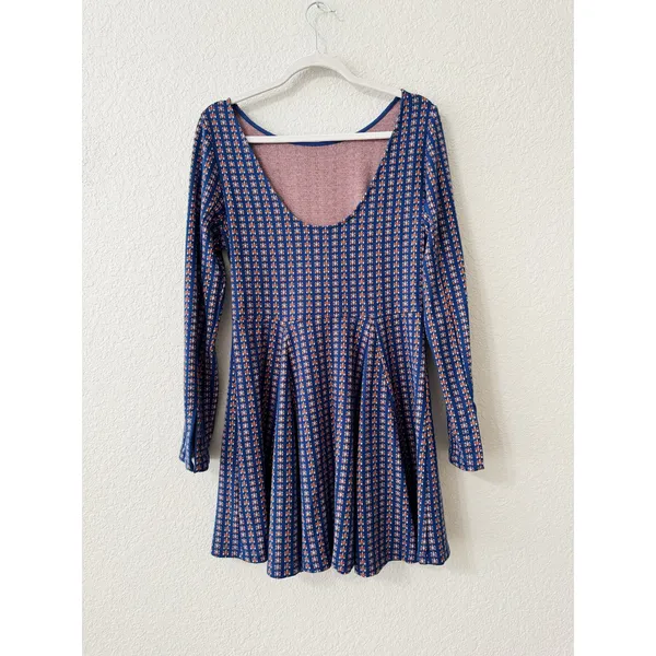 Anthropologie Jacquard A-Line Sweater Knit Mini Dress Navy Orange Size S - Image 4