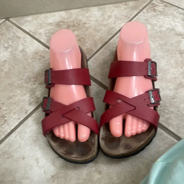 Birkenstock BIRKI comfort Red Strappy Slide Sandals Womens 38 L7 M5 Cork ShoesI - Image 2